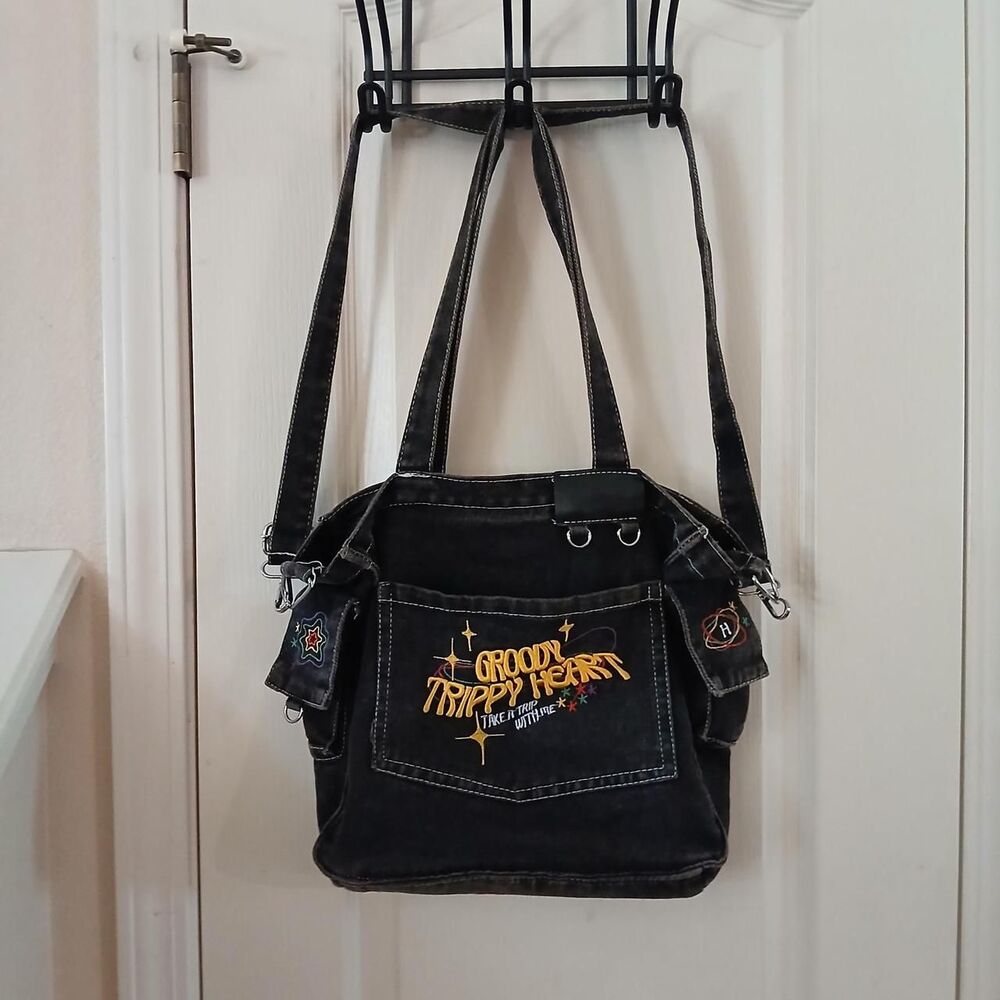 Groovy Trippy Heart Black Denim Embroidered Purse Crossbody Bag Y2K Retro Grunge